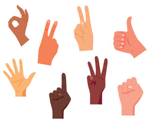 Fototapeta premium Set of colored hand gestures. Vector illustration of different hand gestures of light and dark-skinned people: okay, peace, victory, super, attention, greeting, fist isolated on white background.