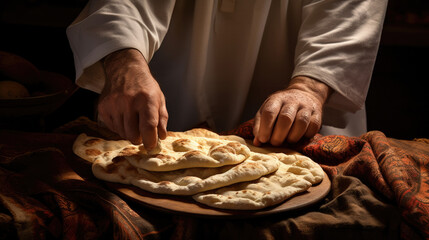 Obraz na płótnie Canvas person skillfully folding traditional Arabic bread. generative ai