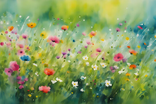 impressionist watercolor style painting of spring meadow wildflowers