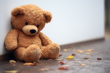 Emotional solitude Childs teddy bear alone, looking sad and disappointed - obrazy, fototapety, plakaty