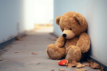 Heartfelt emotion Alone and disappointed, childs teddy bear against wall