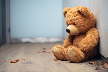 Lonely sorrow Childs teddy bear leans against wall, expressing sadness