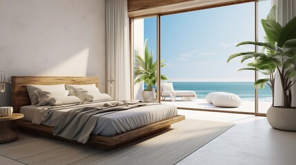living room interior with sea view. large windows beautiful view of the beach and ocean. bedroom in a house with a window overlooking the ocean - obrazy, fototapety, plakaty