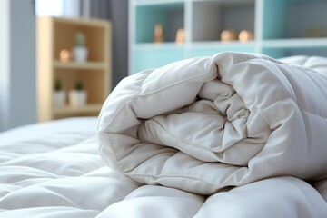 Fototapeta na wymiar Bedtime elegance White pillow, blanket, and luxury down comforter concept