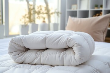 Fototapeta na wymiar Elegant bedroom decor White pillow and blanket, luxurious down comforter