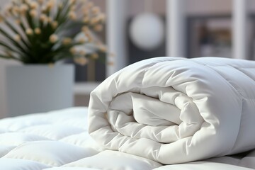 Fototapeta na wymiar Bedtime elegance White pillow, blanket, and luxury down comforter concept