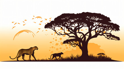 Fototapeta na wymiar African Acacia Tree with Tiger Jaguar Leopard Cheeta