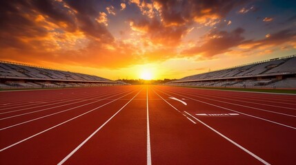 Running track at the international stadium, smooth surface ready for runners, photo taken parallel to the ground, with the background of the rising sun on a bright morning - obrazy, fototapety, plakaty