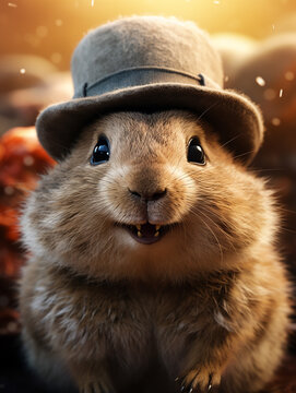 Naklejki Groundhog Day. February 2nd, Punxsutawney Phil, hat, happy and smiling. folklore, superstition, weather forecasting, symbol of anticipation for changing seasons. banner, greeting card, copy space.