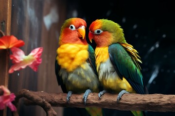Feathered romance Love birds closeup, showcasing vibrant and beautiful hues