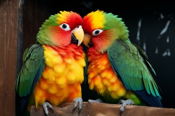 Feathered romance Love birds closeup, showcasing vibrant and beautiful hues