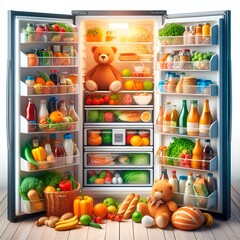 A fantastic fridge filled with vegetables and fruits. And also a children's toy