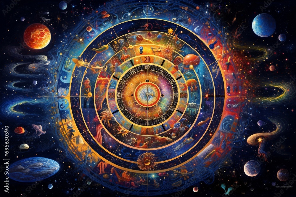 Wall mural conceptual abstraction of time and space depicted through an intricate tapestry of celestial motifs 