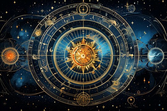 Conceptual abstraction of time and space depicted through an intricate tapestry of celestial motifs and cosmic gradients.