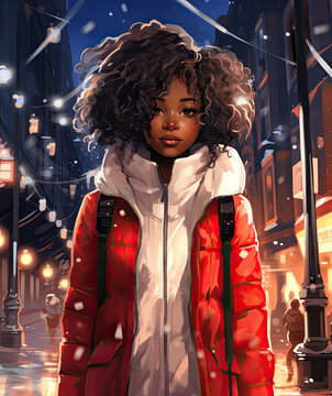A beautiful young woman in a red jacket on a cold night. An illuminated city in the background.