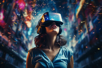 Portrait of sci-fi neon cyberpunk young woman with curly hair in a cyber science fiction mask. Concept of virtual reality in High-tech style. Copy space - obrazy, fototapety, plakaty