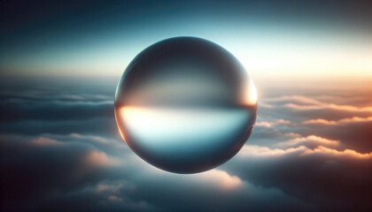 Amidst a serene sky, a matte glass orb floats, capturing the dance of light at sunset. The clouds, painted in soft strokes of gold and blue, cradle the sphere. As the sun dips, its amber glow and the 