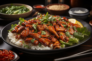 Honey glazed chicken in sweet and sour sauce served with rice