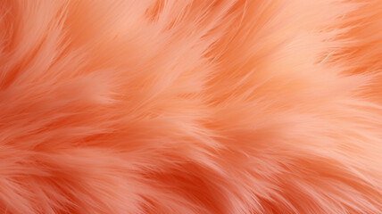 Orange fur texture top view. Coral fluffy fabric coat background. Winter fashion color trends....
