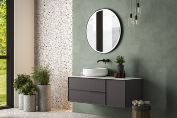 Modern minimalist bathroom interior,gray bathroom cabinet, white sink, wooden vanity, interior plants, bathroom accessories, white bathtub, green wall, terrazzo flooring - obrazy, fototapety, plakaty
