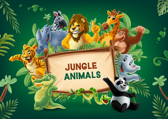 jungle animals with wooden board tiger lion elephant gorilla rhinoceros snake giraffe panda zebra - 695633341