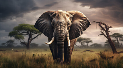 an elephant with tusks standing in a field