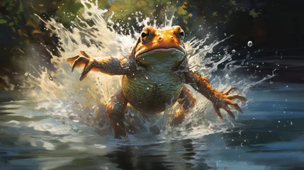 Fototapeten Droplets hang in the air as a leaping frog creates a splash in a pond, frozen mid-jump. © Fahad