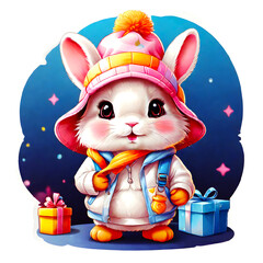 Sticker isolated cute cartoon bunny wearing a pink hat, scarf, jacket  with gift boxes. Transparent background. Generative AI