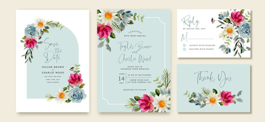 wedding invitation set with blue pink floral watercolor - obrazy, fototapety, plakaty
