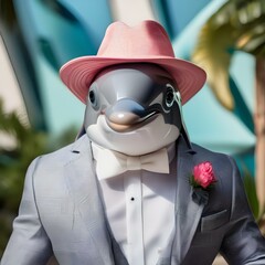 A fashionable dolphin in stylish clothing, posing for a portrait with a playful and intelligent gaze3