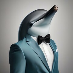 An elegant dolphin in formal wear, posing for a portrait with a playful and intelligent gaze3