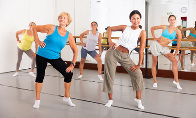 Fototapeta na wymiar Group of women different ages training sport dance in modern studio