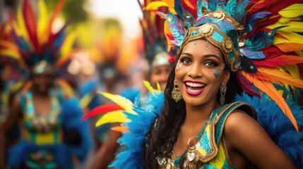 Papier Peint photo Lavable Carnaval vibrant costumes and joyful faces of Carnival dancers in Barranquilla generative ai