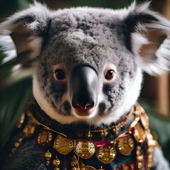 A regal koala in majestic clothing, posing for a portrait with a serene expression1