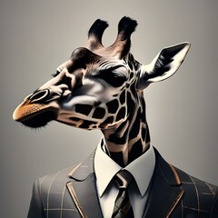 A suave giraffe in a tailored suit, posing for a portrait with a long, elegant neck2