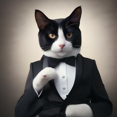 A sophisticated cat in a tuxedo, posing for a portrait with a mysterious gaze3