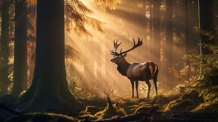 In the crisp dawn light, an elk stands majestically, its breath visible in the cold air, creating a mystical aura in the tranquil forest. Sunlight filtering through the trees