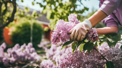 Hands with gloves pruning or handling clusters of blooming lilac flowers in a garden.