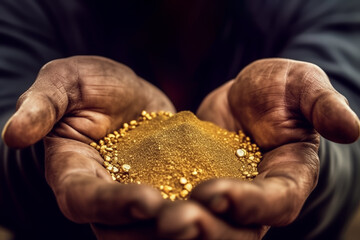 Gold rush. Gold in hands of the Gold Miner after gold mining.  Miner is Digging up for Treasure worth millions dollar from Huge Nugget. - obrazy, fototapety, plakaty