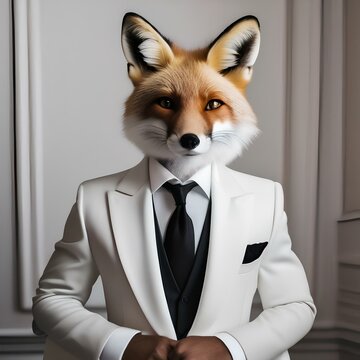 A sophisticated fox in a tuxedo, posing for a portrait with a sly smile1