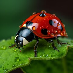 Obraz premium intricate details of ladybug on vibrant green leaf, Generative AI