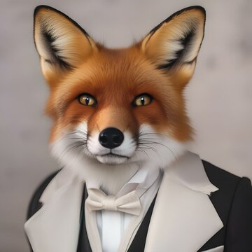 An elegant fox in formal wear, posing for a portrait with a poised and discerning gaze2
