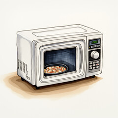 Fototapeta premium Cartoon Ink Illustration of Microwave Inspired by Traditional Chinese Brush Painting