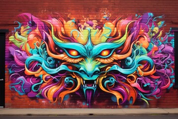 Colorful urban graffiti art on a brick wall, symbolizing creative expression.