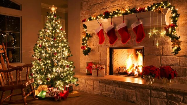 Beautiful Cozy Room with Fireplace and Christmas Tree. Snowfall outside the window. Light Garlands. Gift Boxes. Happy Socks. Red Flowers. Happy New Year. Xmas. Eve.  Evening, Night. Looped video, 4K.