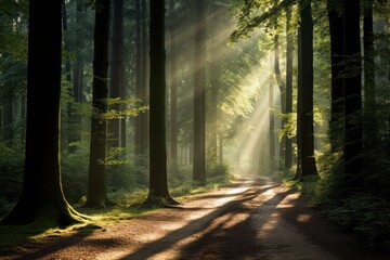 Enchanting forest path with sunbeams filtering through tall trees.