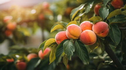 Ripe peaches hanging on a branch in an orchard, with water droplets on the fruit and leaves in sunlight.