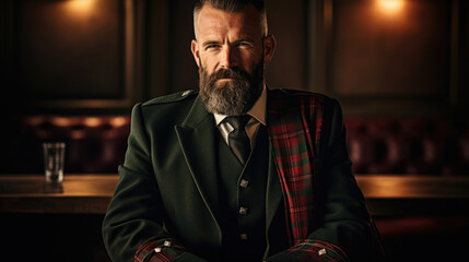 man proudly wearing a Scottish kilt, showcasing the details of the tartan pattern generative ai - obrazy, fototapety, plakaty