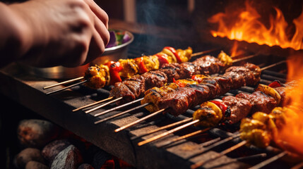 Naklejka premium Person skillfully grilling kebabs for a Middle Eastern feast generative ai