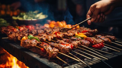 Naklejka premium Person skillfully grilling kebabs for a Middle Eastern feast generative ai